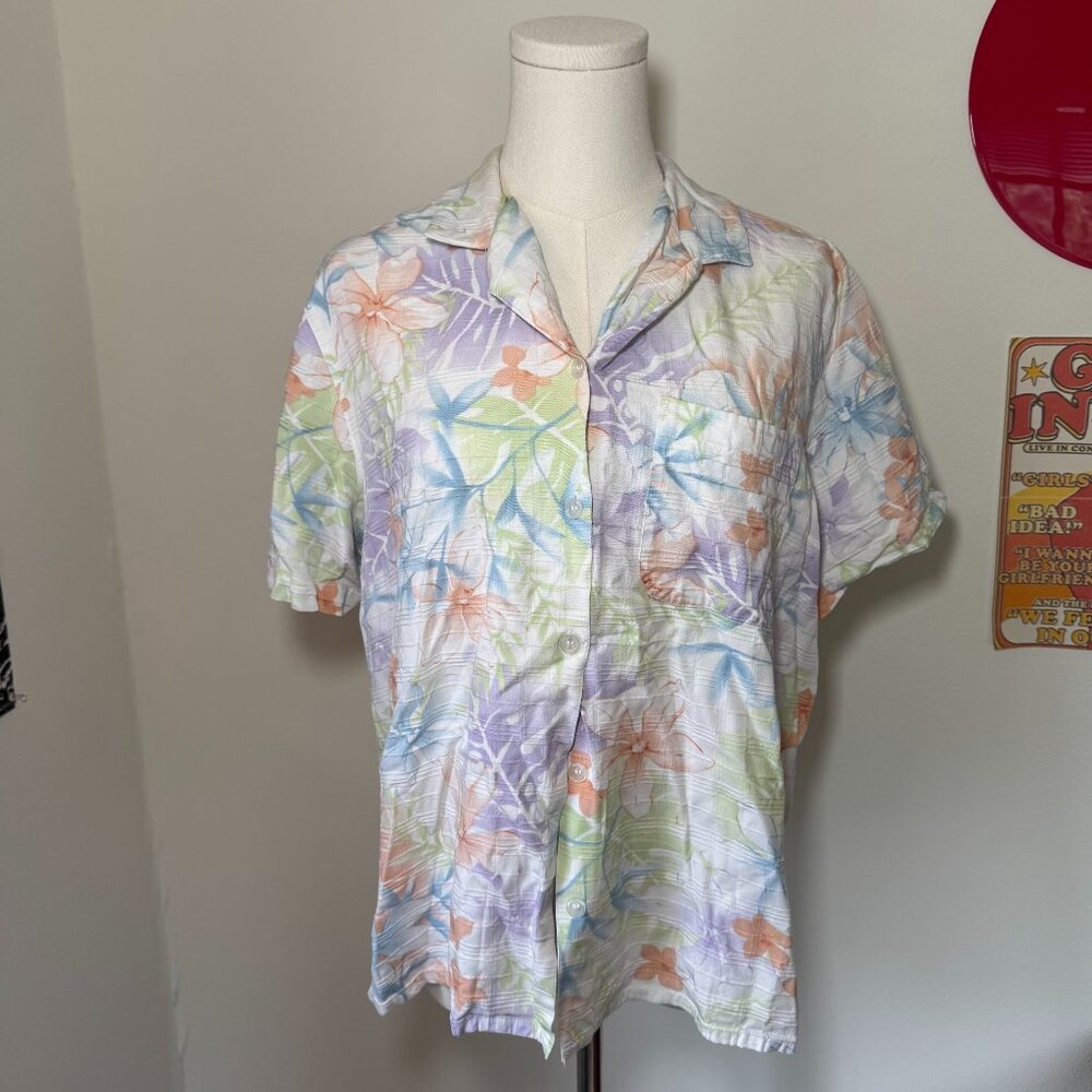 Vintage alfred dunner White and Neon Floral Button Up Patterned Casual Top